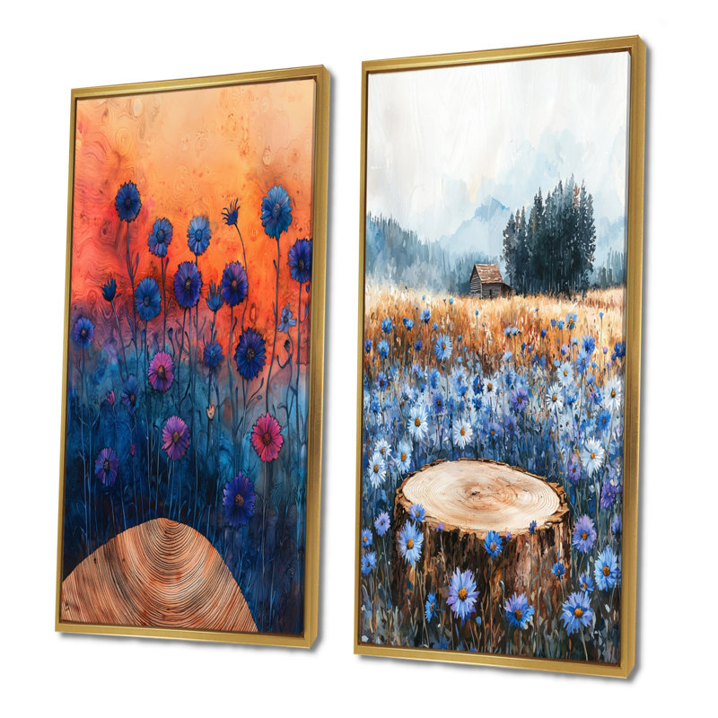 Cornflowers Garden At The Barn On Slide I - Collection d'art floral sur toile 2 panneaux, H 40 po x l 41 po