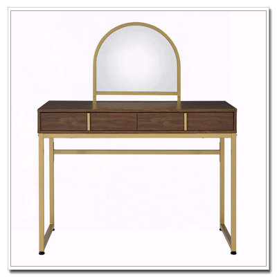 Bureau de coiffeuse 2 tiroirs avec miroir et plateau à bijoux, noyer et or