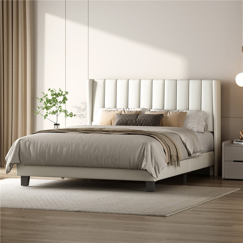 Upholstered Bed Frame with Channel Tufted Headboard, Kingsize (5'), PU Leather/Cream