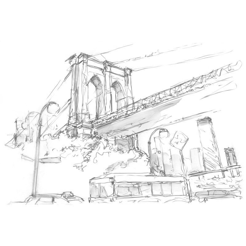 Crayon Étude de paysage urbain I, H 32 po x l 48 po