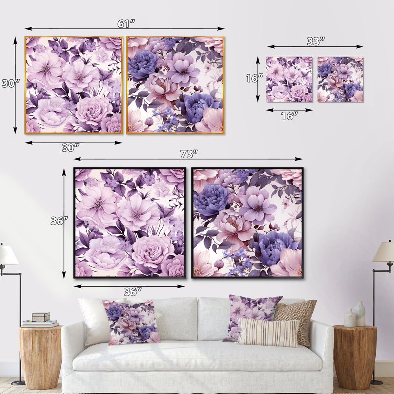 Willene - Ensemble de 2 collages carrés floraux, Cadre flottant noir, H 16 po x l 33 po
