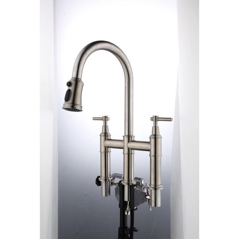 Spot Brushed Nickel Bridge Kitchen Tap With Pull-Down , Dual Handle For Precise Water Flow And Temperature Control, 360-Degree Rotating High Spout, Brass Build, Noise- Splash- Aerator Faucet In