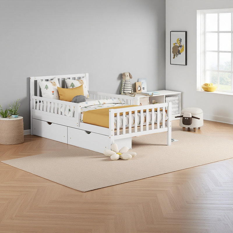 Lit plateforme simple en bois avec garde-corps des deux côtés et deux tiroirs de rangement, Blanc