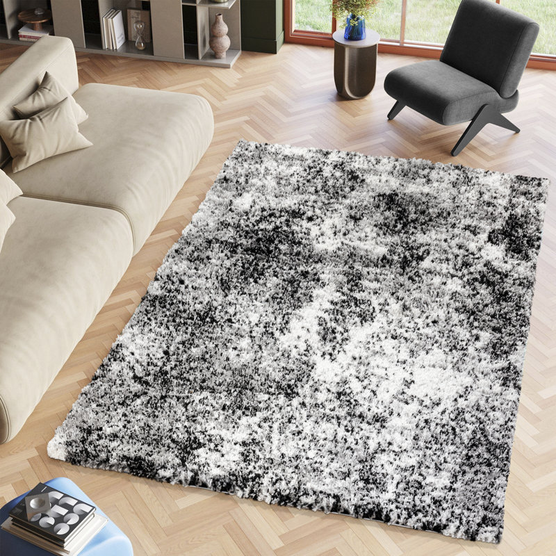 Hudgens Performance Abstract Shag Area Rug, Rectangle 8'9" x 12'2", Ivory/Black