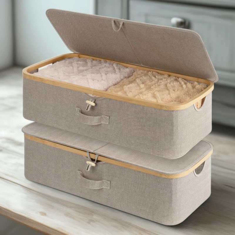 Underbed Storage Box With Bamboo Frame, 42L Flip-Top Bed Storage Container For Blankets, Sheets, Towels And Seasonal Clothing, Space-Saving Organizer With Dust-Proof Lid