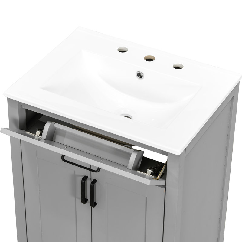 Meuble-lavabo 24 po Wexler, lavabo en céramique, tiroir rabattable, double couche, tablette réglable et charnières à fermeture en douceur pour le rangement avec évier, fabrication, rangement spacieux, portes, poignées en aluminium noir, U