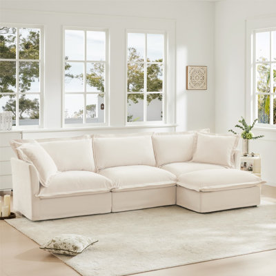 L-Shaped Slipcovered Sectional Sofa Couch, Comfy Chenille Deep Seat Cloud Couch with Convertible Ottoman & 2 Big Pillows, Modern Oversized 3 Seater Slipcovered Sofa Set for Living Room Office