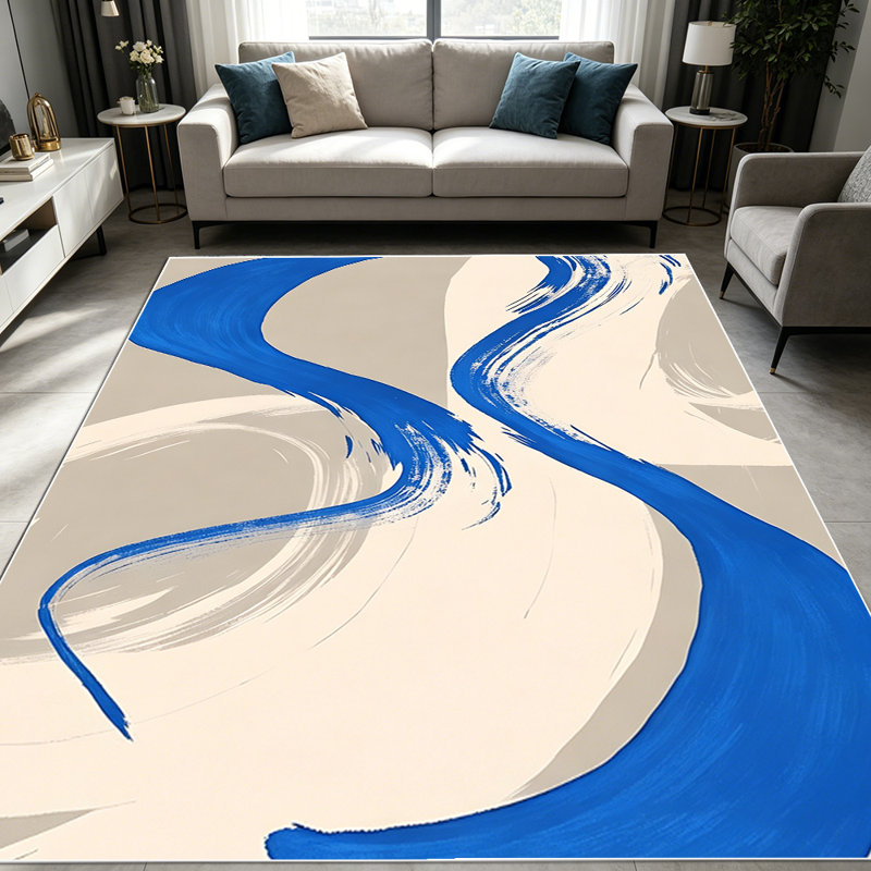 1PC Abstract Blue & Beige Wavy Brush Stroke Modern Art area rugs for Living Room, Soft and Comfortable, Suitable for all seasons, easy-to-maintain, machine washable Indoor floor mat, Under Table Farmhouse suitable for dining table, bedroom, home