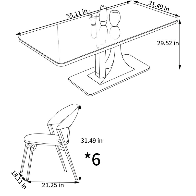Ensemble de table de salle à manger rectangulaire et chaises, H 29,52 po x L 55,11 po x l 31,49 po