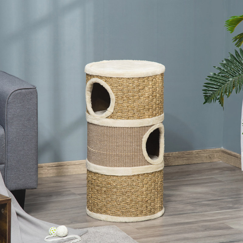 Habitation pour chat 28 pouces, cachette pour chat 3 étages avec patin à griffes en sisal, petit arbre à chat en forme de tonneau pour chats d'intérieur