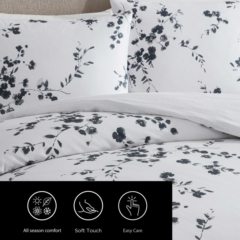 Vera Wang Noir Bouquet Cotton Reversible Grey Duvet Cover Set, King Duvet Cover + 2 King Shams