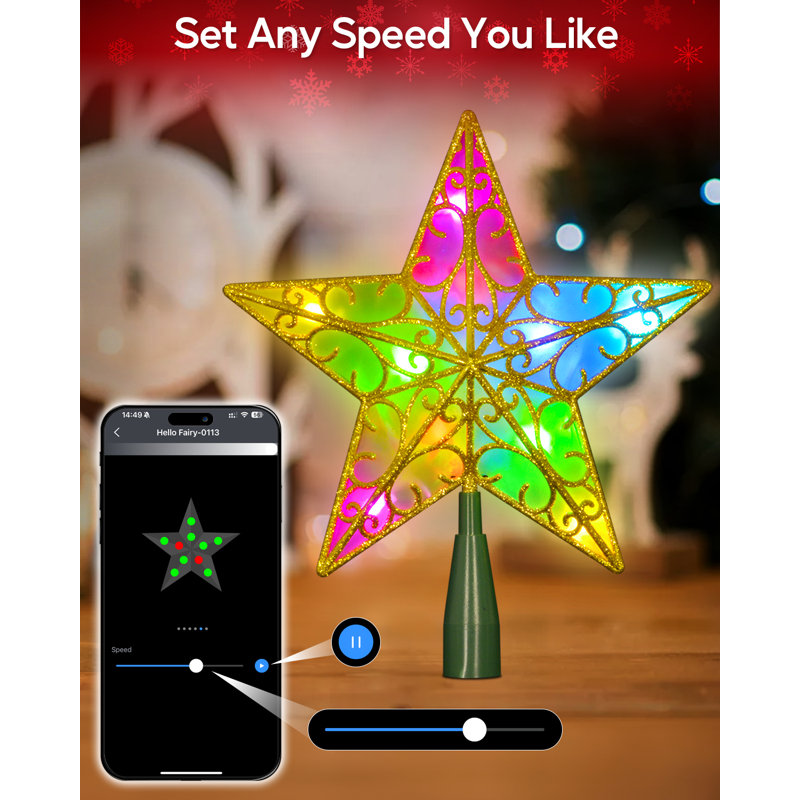 Gold Glitter 9-Inch Star Christmas Tree Topper with Smart Light