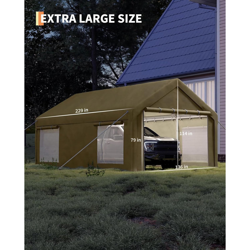 12x20 FT Portable Garage with 200g PE Tarp - Heavy Duty Carport with 2 Roll-Up Doors & 4 Windows - Temporary Shelter for Trucks, Boats, Paint Booth - Galvanized Steel Frame with Reinforced Guylines,Yellow