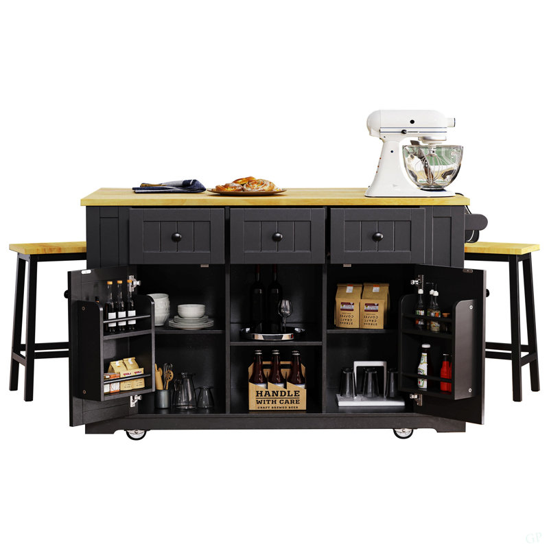 53Inch Large Kitchen Island With 2 Bar Stools, Power Outlet,Door Internal Storage Rack, Kitchen Storage Cart On 5 Wheels With Drop Leaf, 5 Open Side Racks, 3 Drawers, For Kitchen,Dining Room