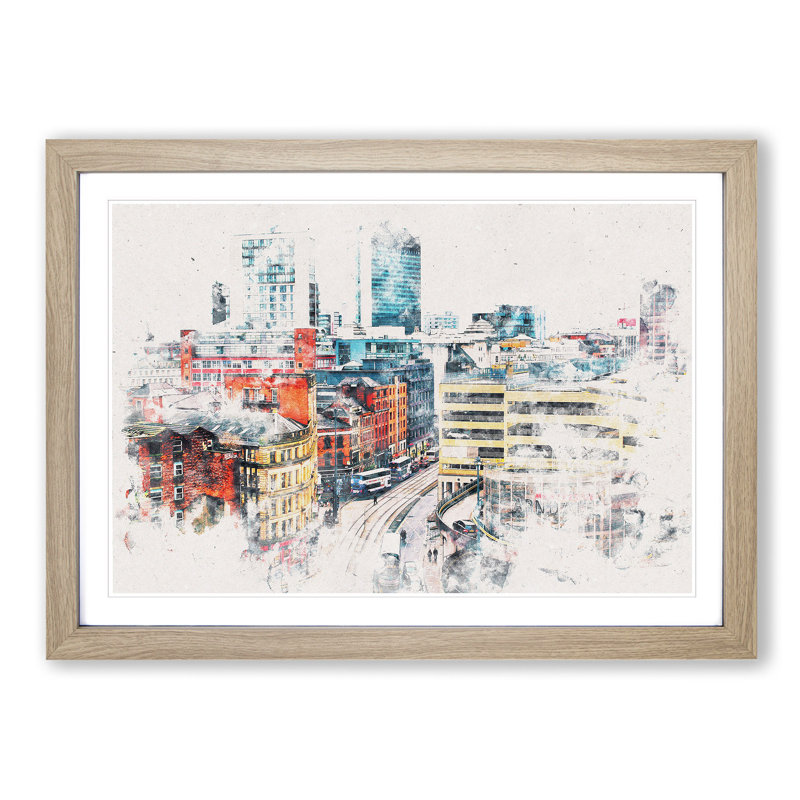 The Manchester Skyline - Picture Frame Painting Print on MDF, 33cm H x 45cm W x 2cm D, Oak Framed