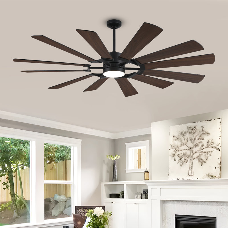 Modern Wood Windmill  Ceiling Fan with Light, Dual-Finish 12 Blades for Indoor/Outdoor, 62''