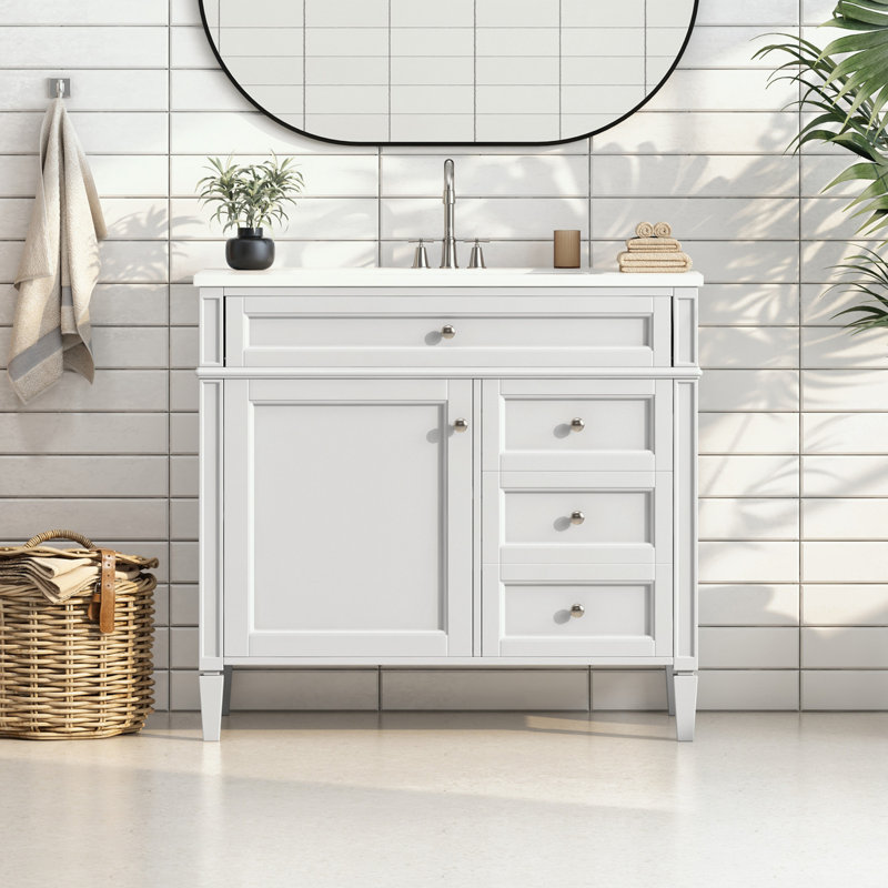 Meuble-lavabo de salle de bain avec lavabo supérieur, 2 tiroirs et un tiroir basculant, Blanc