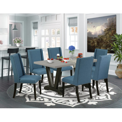 7-Piece Mid Century Table Set Consists of a Cement Kitchen Table and 6 Mineral Blue Linen Fabric Dining Room Chairs - Wire Brushed Black Finish