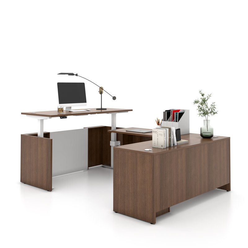Nishad Adjustable Height Executive Standing Desk Pedestal, Walnut, U-Shape with 3 Drawers