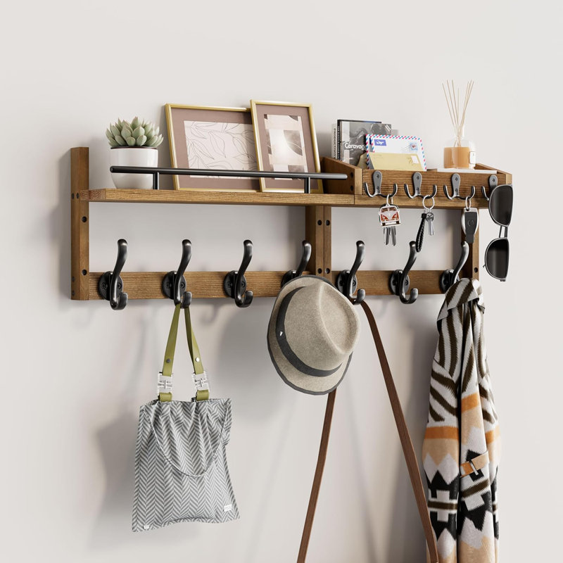 Ensemble de 2 portemanteaux mural en bois de pin rustique avec tablette - 7 crochets et 4 crochets pour l'organisation du vestibule