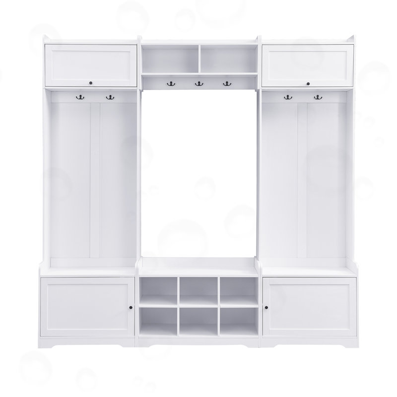 Hall Tree with 8 Cubbies, 7 Coat Hooks and Adjustable Shelf, White