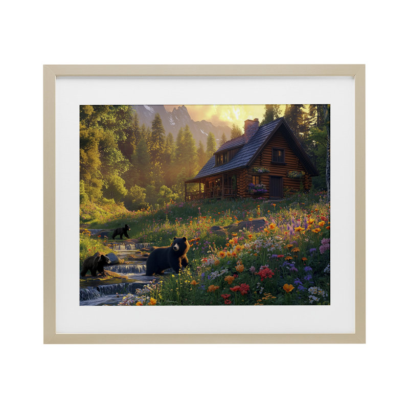 Bears at Floral Cabin, reproduction encadrée sous verre, conception de Jim Baldwin, Cadre de récolte en pin