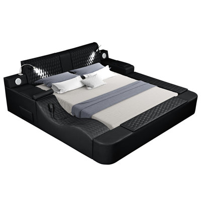 King Bed In Black With Remote-Controlled Massage, Sound, Charging Station, Jewelry Space And Side Storage Solutions Size Featuring Built-In , Hookups, Compartment For Magazines