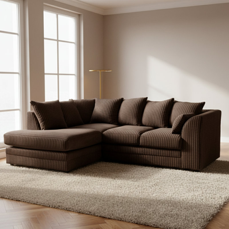 Soft Fabric Jumbo Cord 4 Seater L Shape with Foot Stool Upholstered Living Room Sets, Brown, Left Hand Facing