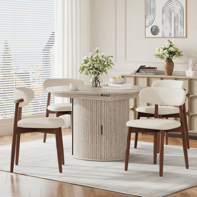 Modern Extendable Round Dining Table Set With Hidden Storage, 47.2"-63" Convertible Oval Dining Table And 4 Upholstered Dining Chairs For 4-6 People
