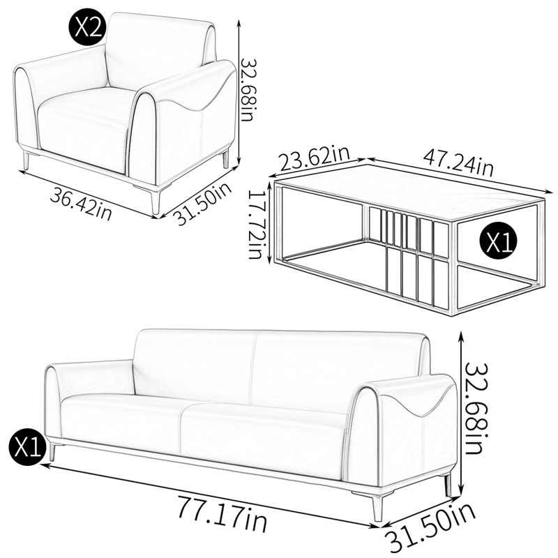 Combinaison minimaliste de canapé et de table à thé, Cuir assorti