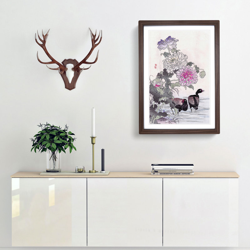 Birds by the Pond by Kono Bairei - Picture Frame Painting Print, Walnut Framed, 36cm H x 27cm W x 2cm D