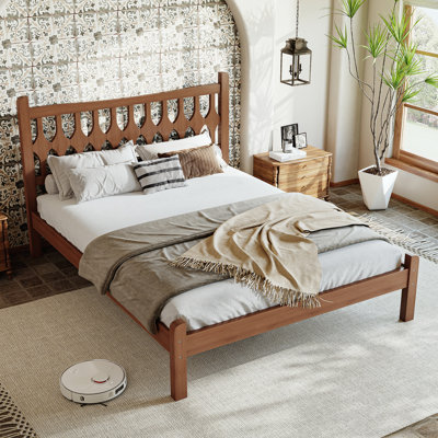 Lit plateforme double en bambou avec tête de lit en forme de losange, cadre de lit en bambou massif avec lattes de soutien, pour chambre à coucher, chambres d'amis, brun
