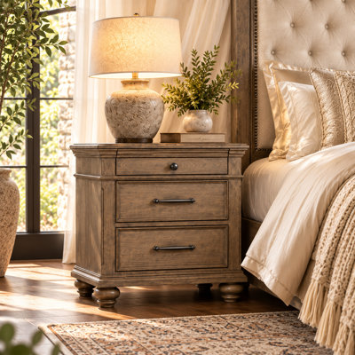 Ensemble de chambre à coucher traditionnelle de style très grand lit 3 pièces en chêne vieilli avec tête de lit rembourrée en tissu beige, pied de lit avec banc de rangement et 2 tables de chevet