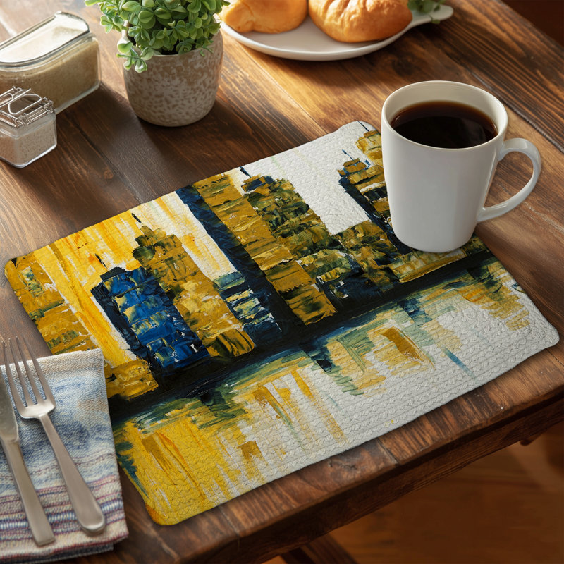 Ensemble de 4 napperons jaunes abstraits en polyester tressé Skyscrapers