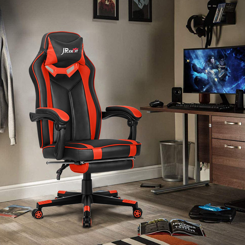 JR Knight Adjustable Reclining Ergonomic Faux Leather Swiveling PC & Racing Game Chair with Footrest, Black/Red