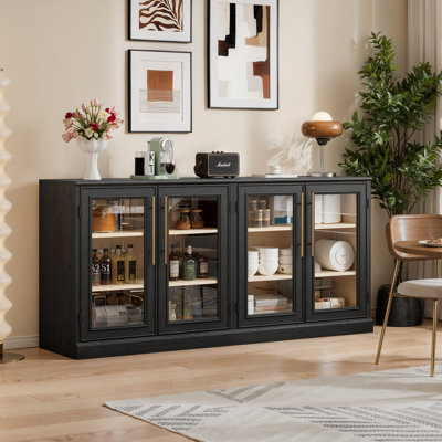 Buffet de 160 cm de large avec 4 portes vitrées et étagères réglables, meuble télé pour téléviseurs jusqu'à 190 cm (75 pouces) pour salon, salle à manger, cuisine, couloir.