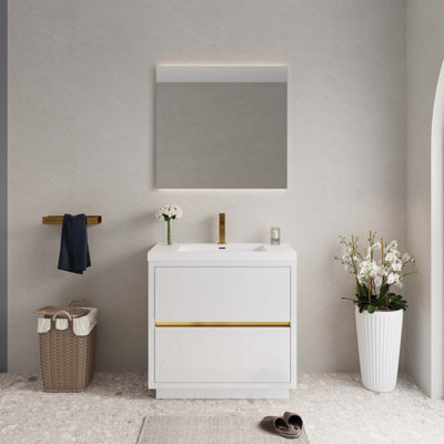 Meuble-lavabo autoportant avec lavabo, armoire de rangement avec comptoir et tiroirs à fermeture en douceur, idéal pour les salles de bain organisées et confortables