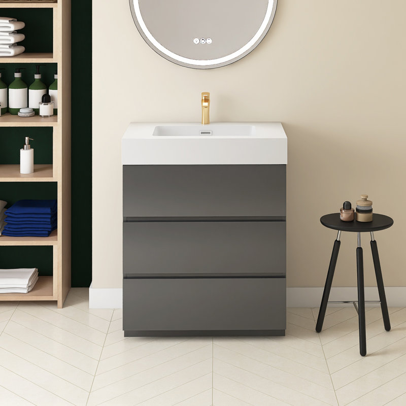 Romen 29.9'' Single Bathroom Vanity with Quartz Top, Gray, White