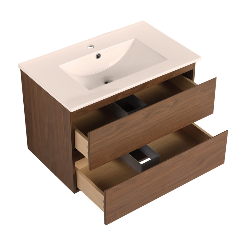 Meuble-lavabo mural 30 po avec lavabo en céramique 2 tiroirs, Chêne brun