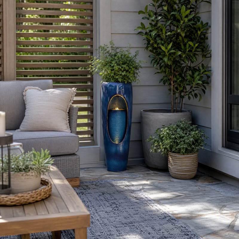 Fontaine à eau moderne pour jardin avec lumières DEL, eau de jardin en résine bleue