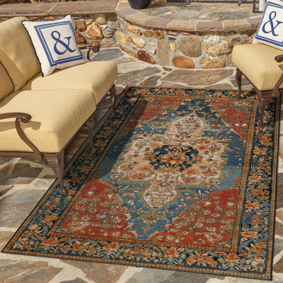 Tapis beige / bleu marine / orange en plastique polypropylène tissé à la machine à motif oriental oriental tissé à la machine