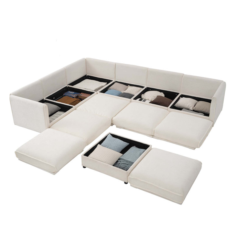 Modern 7-Piece Modular Sofa With Storage Armrests 6 Seats & 1 Storage Ottoman, White Chenille