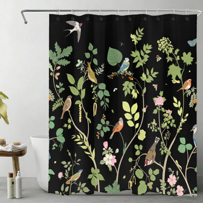 Background Bird Floral Shower Curtain Apartment Washroom Black Dark 72 x 72 inch
