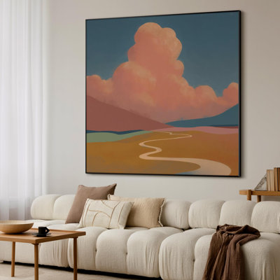 Extra Large Wall Art Fabric Print - Modern Pastel Desert Landscape Pink Clouds and Winding Trail Illustration Artwork Decor for Living Room or Bedroom - "Frame Assembly Required (Unfinished Frame)"