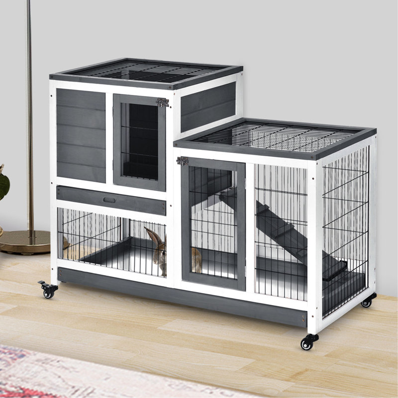 Wood House With Wheels And Removable , Grey Medium Cage Quick-cleaning Trays,