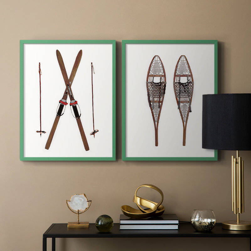 Skis rétro - reproduction encadrée de qualité supérieure - prêt à être accroché - aucun clou requis - aucun clou requis, Gris