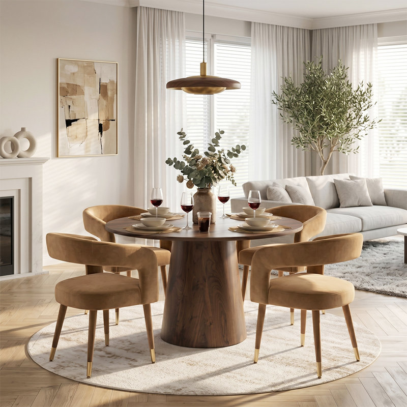 Ensemble de salle à manger moderne 46 po avec 4 fauteuils demi-tonneau en chenille, Walnut, Camel