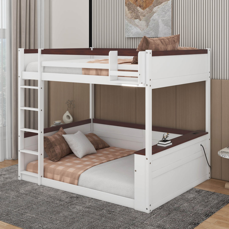 Queen Size Wooden Bunk Bed With Built-In Shelves And USB Charging Station, White