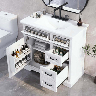 Meuble-lavabo de salle de bain avec lavabo, lavabo en céramique, 2 tiroirs basculants, charnières de porte à fermeture en douceur
