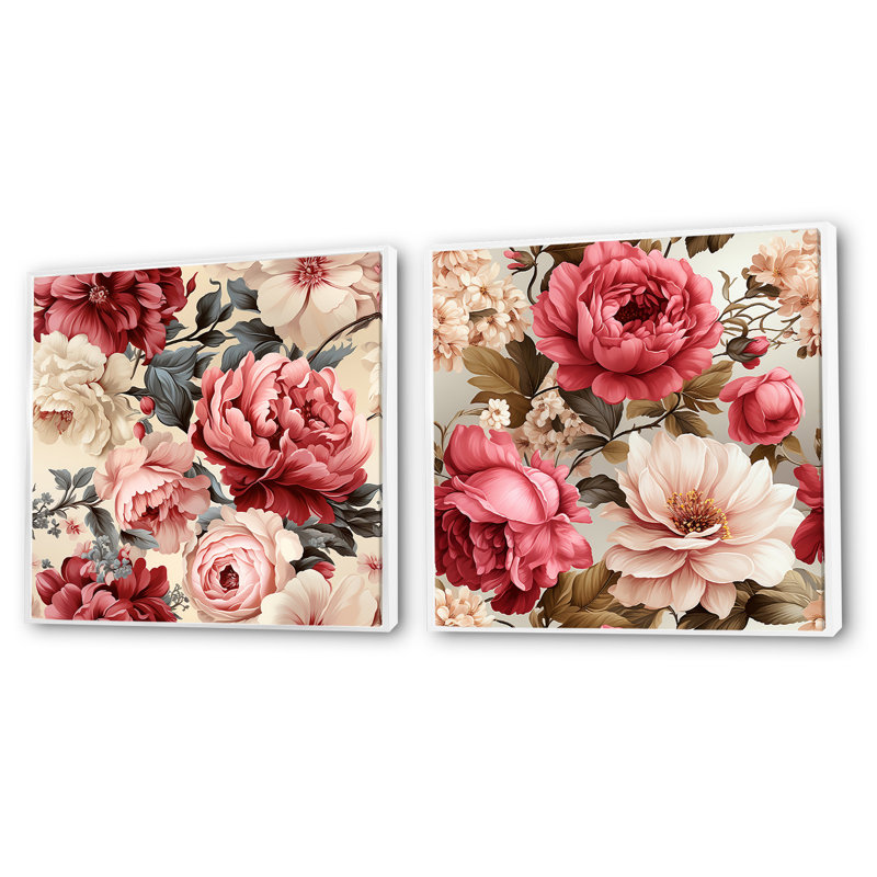 Motif victorien rétro de roses victoriennes - ensemble de collage floral carré de 2, Cadre flottant blanc, H 30 po x l 61 po